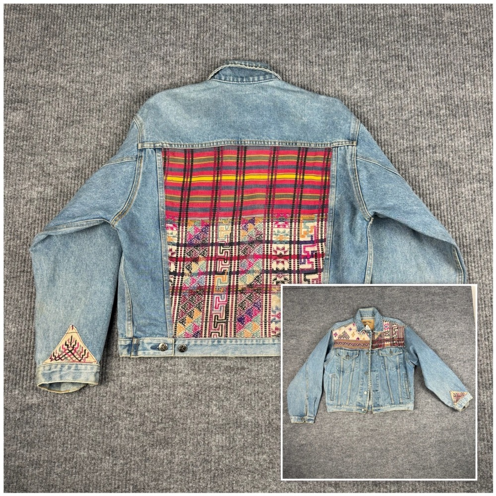 Vtg CULTURE on denim Jean Trucker Jacket Womens M Guatemalan Woven Textile Boho